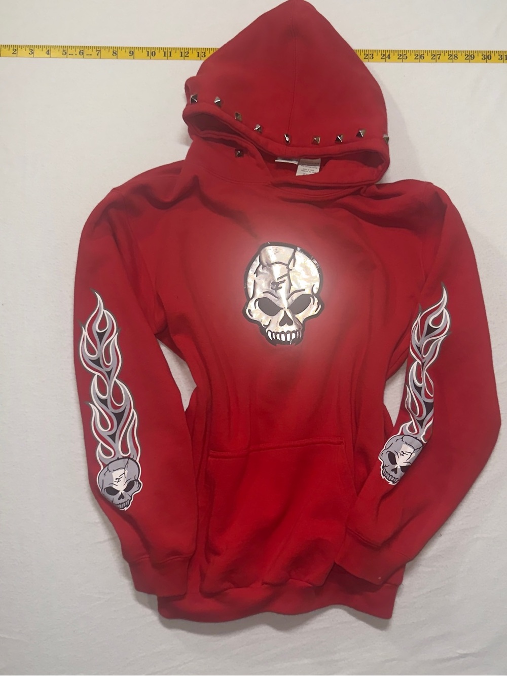 725 y2k studded hood flame sleeve hoodie with holographic skull